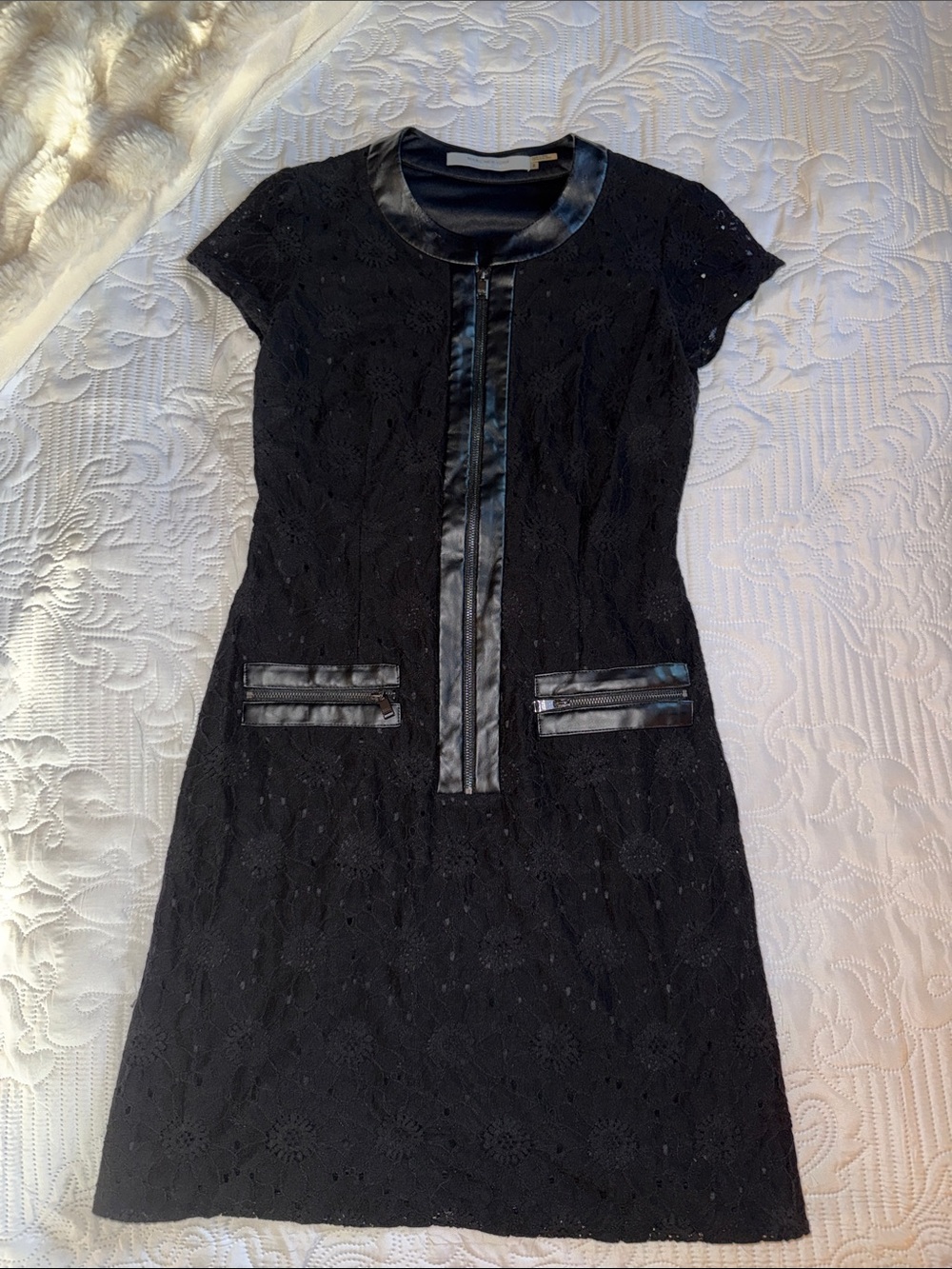 Marc New York Black Lace Mini Dress with Faux-Leather Trim